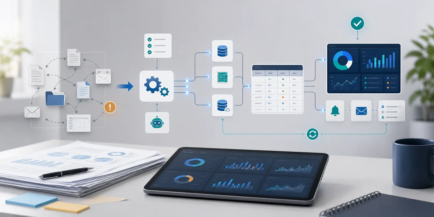 Workflow diagram for business improvement, automation, data integration, and dashboards